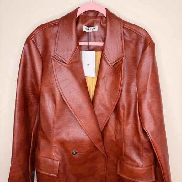 NWT Milk White Faux Leather Oversized Brown Cognac Long Trench Coat Jacket Small - Picture 3 of 15